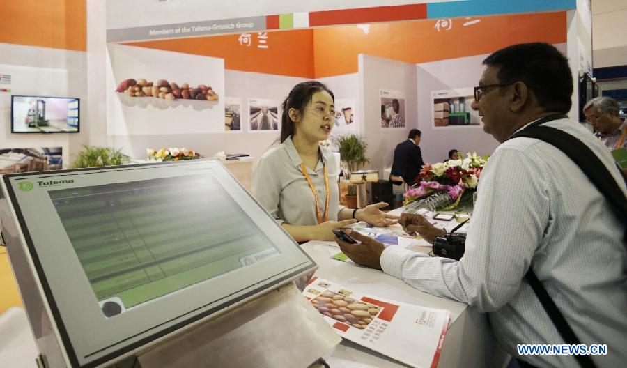 A foreign visitor talks with an exhibitor during the China Potato Expo in Yanqing County of Beijing, capital of China, July 28, 2015. A total of 196 enterprises of potato industry from 11 countries and regions took part in the two-day expo where food, pesticides, machines and seedlings for potato planting are on display. (Xinhua/Li Xin) 