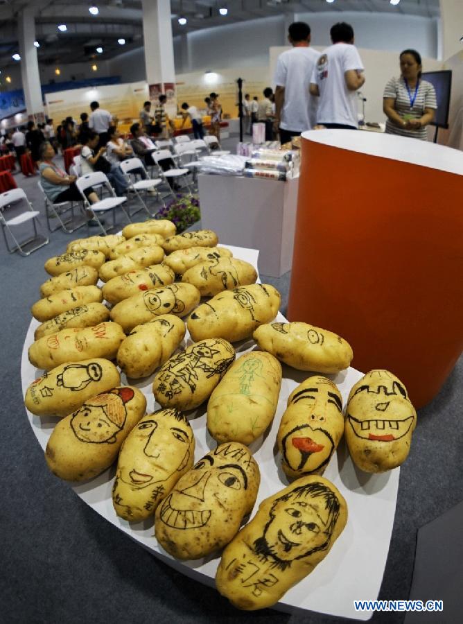 Visitors draw pictures on potatoes at an interactive exhibition area during the China Potato Expo in Yanqing County of Beijing, capital of China, July 28, 2015. A total of 196 enterprises of potato industry from 11 countries and regions took part in the two-day expo where food, pesticides, machines and seedlings for potato planting are on display. (Xinhua/Li Xin) 