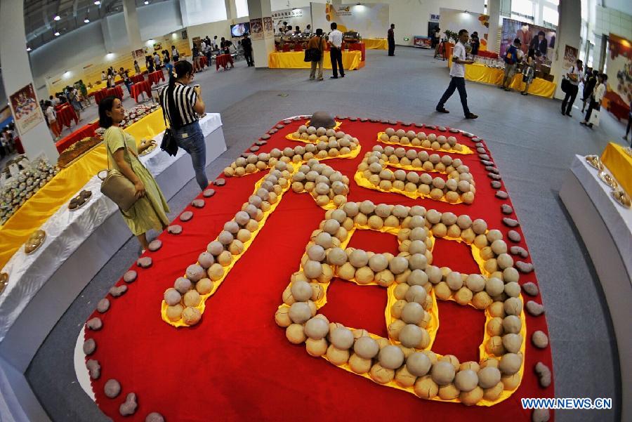 Photo taken on July 28, 2015 shows a Chinese character of 'Fu', meaning good fortune, formed by steamded buns made from potato flours during the China Potato Expo in Yanqing County of Beijing, capital of China. A total of 196 enterprises of potato industry from 11 countries and regions took part in the two-day expo where food, pesticides, machines and seedlings for potato planting are on display. (Xinhua/Li Xin) 