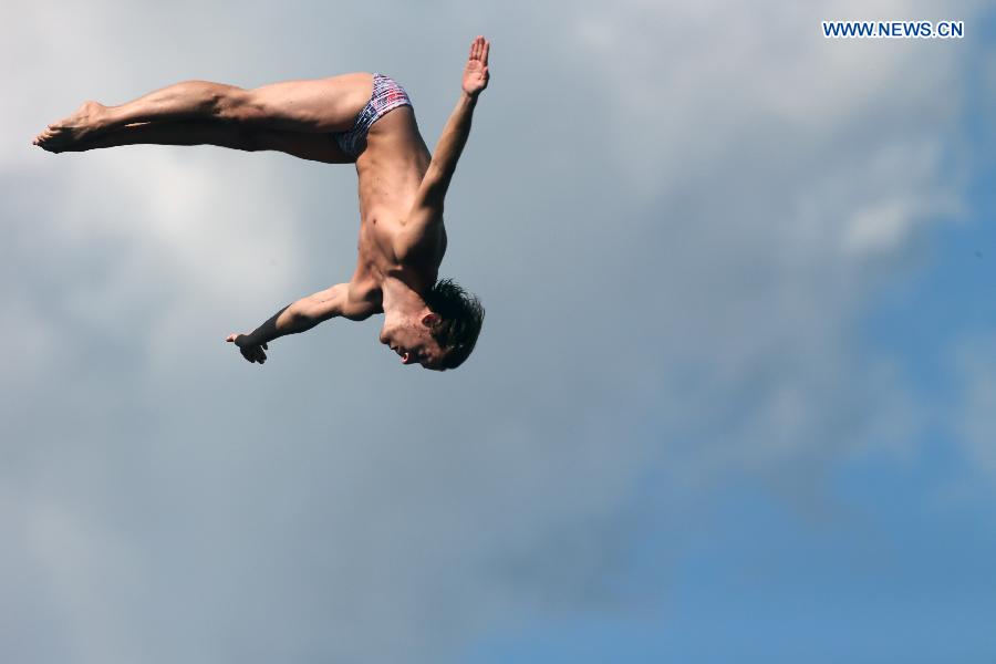 Gary Hunt of Britain competes during men's high dive preliminaries at FINA World Championships in Kazan, Russia, Aug. 3, 2015.