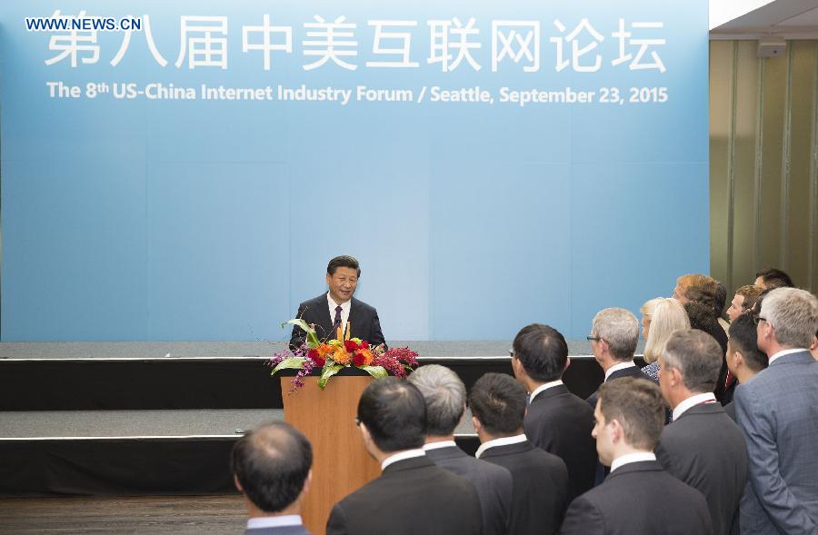 Chinese President Xi Jinping gives a speech at the 8th China-U.S. Internet Industry Forum held at the Microsoft headquarters in Redmond of Washington State, the United States, Sept. 23, 2015.
