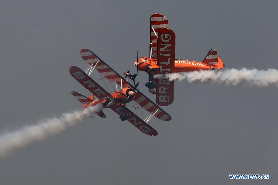 The Breitling Wingwalkers perform during Zhengzhou Airshow 2015 in Zhengzhou, capital of central China's Henan Province, Sept. 25, 2015. 