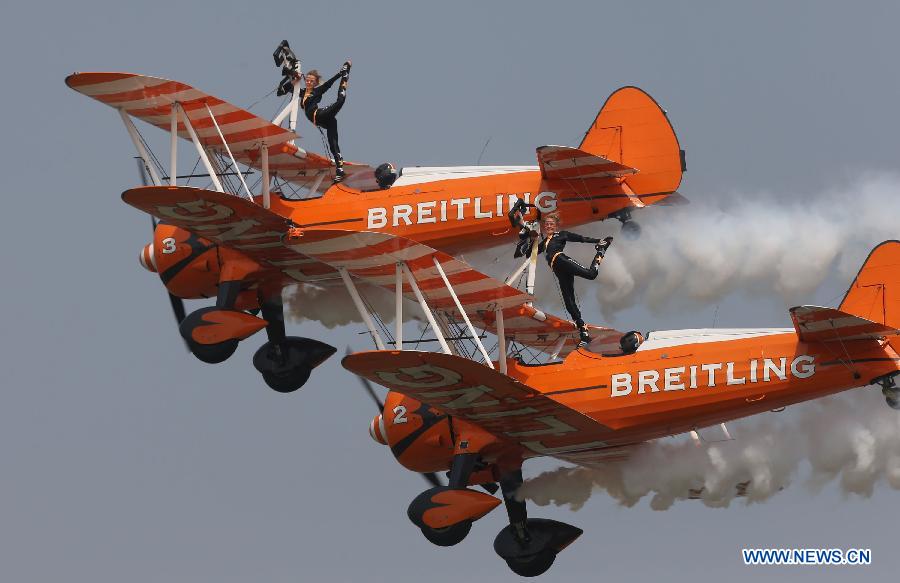 The Breitling Wingwalkers perform during Zhengzhou Airshow 2015 in Zhengzhou, capital of central China's Henan Province, Sept. 25, 2015. 
