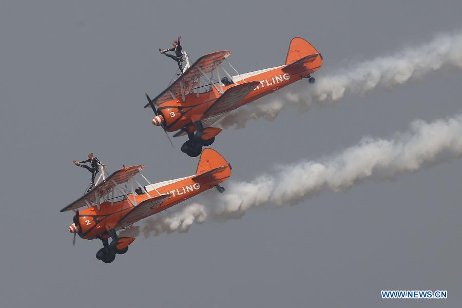 The Breitling Wingwalkers perform during Zhengzhou Airshow 2015 in Zhengzhou, capital of central China's Henan Province, Sept. 25, 2015.