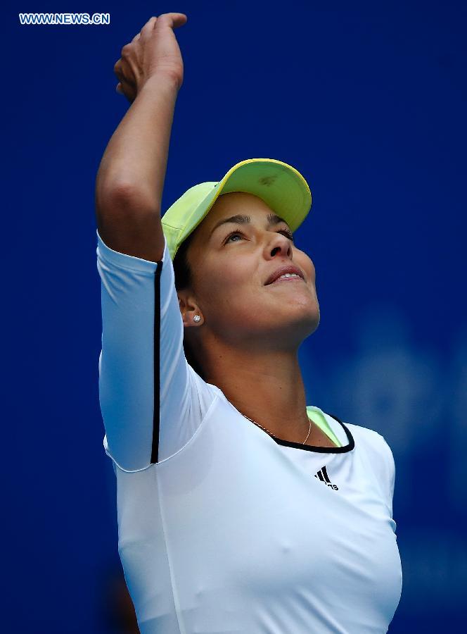 Ana Ivanovic of Serbia reacts during the women's singles semifinal against Timea Bacsinszky of Switzerland at 2015 China Open Tennis Tournament in Beijing, China, Oct. 10, 2015.