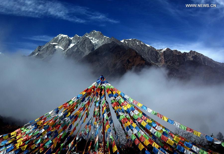 Gonggar Mountain is seen from Hailuogou National Glacier Forest Park in southwest China's Sichuan Province, Oct. 28, 2015.