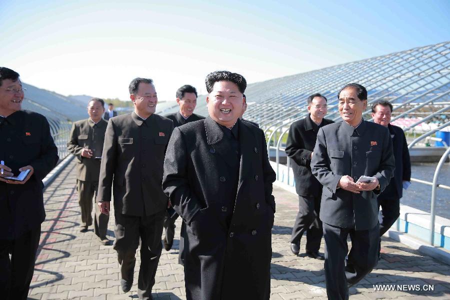 Photo provided by Korean Central News Agency (KCNA) on Oct. 31, 2015 shows top leader of the Democratic People's Republic of Korea (DPRK) Kim Jong Un (front) giving field guidance to the Pyongyang Catfish Farm in Pyongyang, DPRK. 