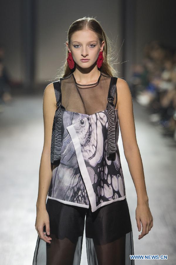 A model presents a creation of Eloshi during the Mercedes Benz Fashion Week in Tbilisi, capital of Georgia, on Nov. 7, 2015.