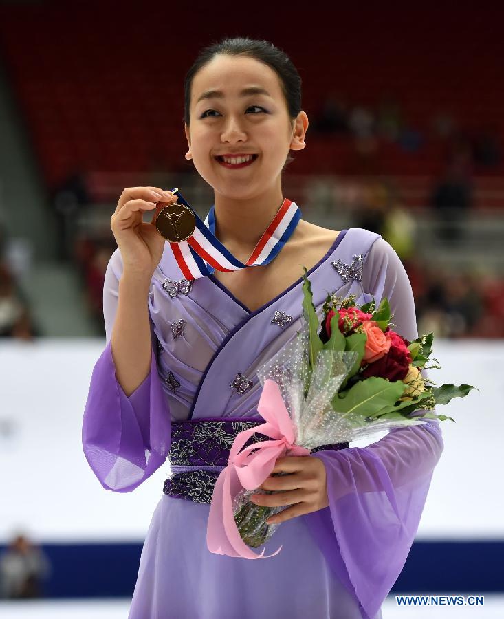 Gold medalist Mao Asada of Japan poses during the awarding ceremony of the ladies' category at the 2015 Audi Cup ISU Grand Prix of Figure Skating in Beijing, capital of China, on Nov. 7, 2015. 