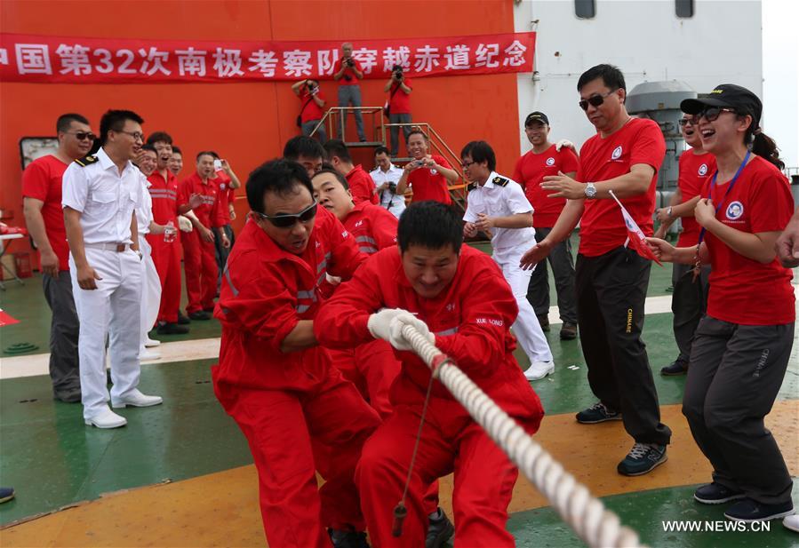 After six days of journey, Chinese icebreaker Xuelong, or Snow Dragon, crossed the equator and entered the south hemisphere for 32nd scientific expedition to Antarctica.