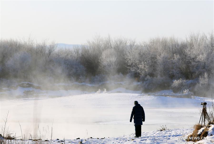 A photographer walks beside a river in Greater Khingan range in northeast China's Heilongjiang Province, Nov. 21, 2015. 