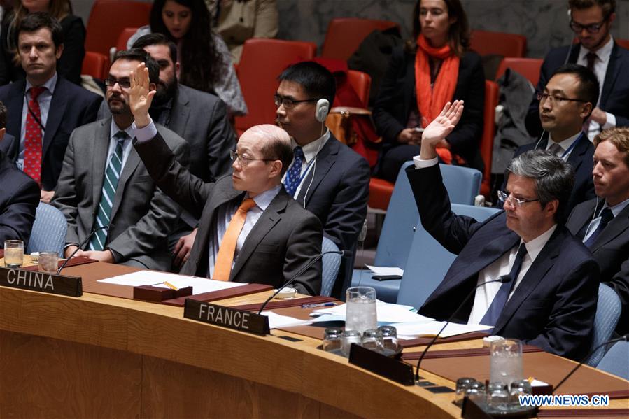Liu Jieyi (L-Front), China's permanent representative to the United Nations, and Francois Delattre (R-Front), permanent representative of France to the UN, vote in favor of a resolution calling on all countries to coordinate efforts to prevent further terrorist attacks by the Islamic State (IS) and similar groups, at the UN headquarters in New York, Nov. 20, 2015. (Xinhua/Li Muzi)