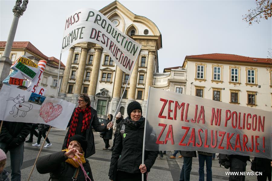 People gathered in Ljubljana's Congress Square to participate in the People's Climate March ahead of the United Nations Conference on Climate Change scheduled to be held in Paris on Monday.