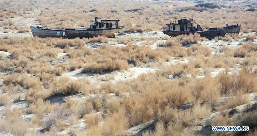 Photo taken on Dec. 7, 2015 shows an abandoned ship at Moynak in the Aral Sea, Uzbekistan.
