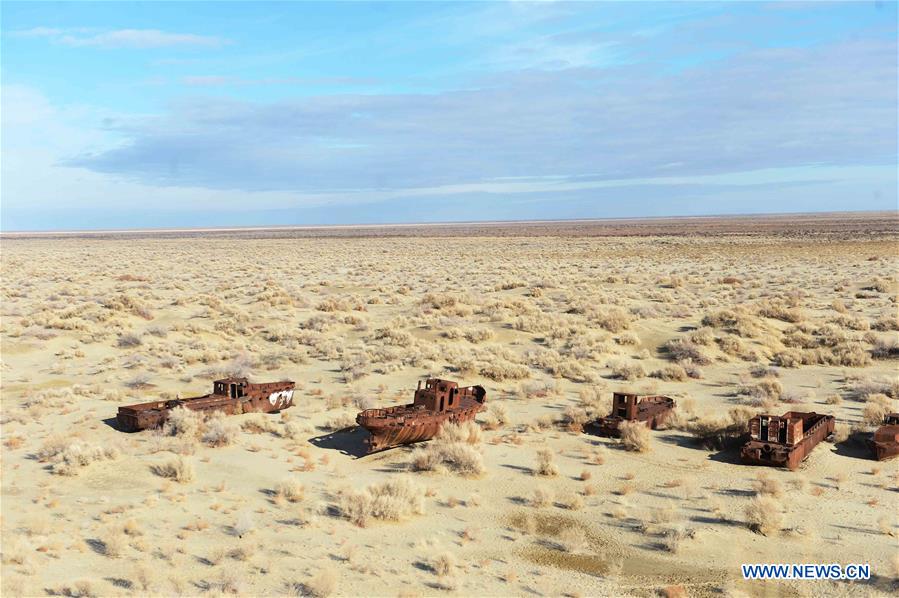 Photo taken on Dec. 7, 2015 shows an abandoned ship at Moynak in the Aral Sea, Uzbekistan.