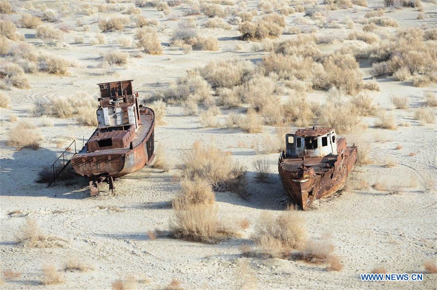 Photo taken on Dec. 7, 2015 shows an abandoned ship at Moynak in the Aral Sea, Uzbekistan.