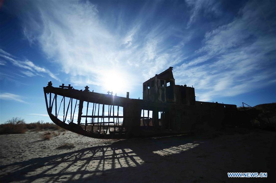 Photo taken on Dec. 7, 2015 shows an abandoned ship at Moynak in the Aral Sea, Uzbekistan.