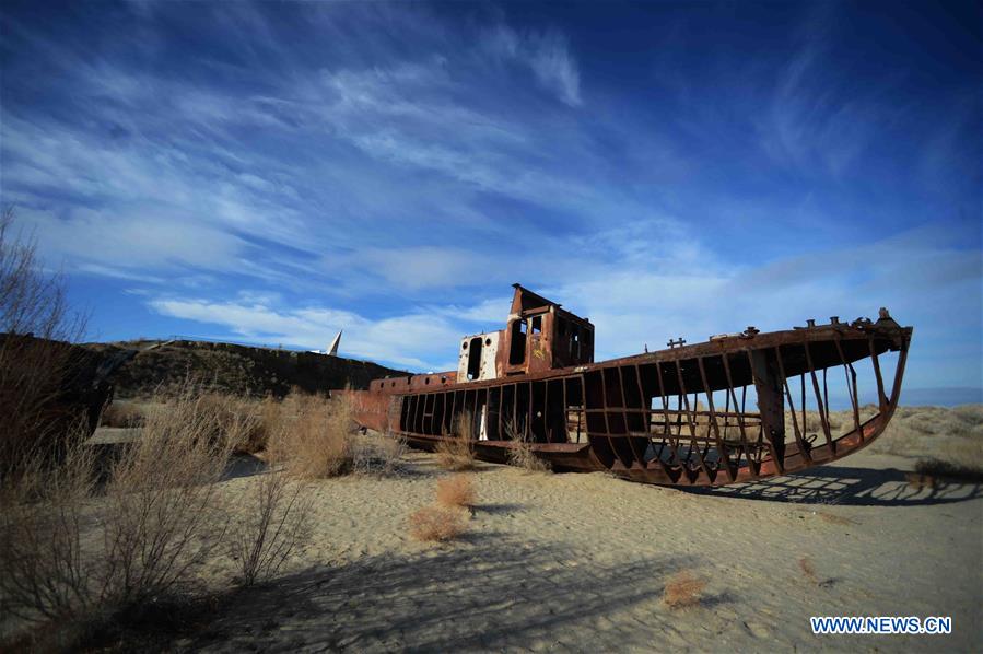 Photo taken on Dec. 7, 2015 shows an abandoned ship at Moynak in the Aral Sea, Uzbekistan.
