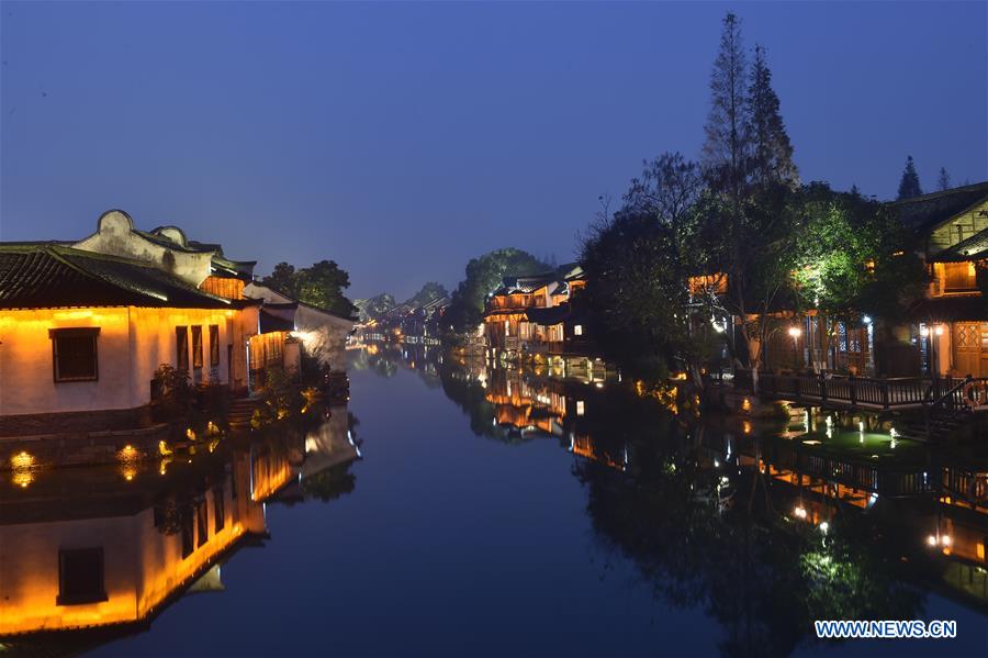 Photo taken on Dec. 15, 2015 shows the night scene of Wuzhen, east China's Zhejiang Province. 