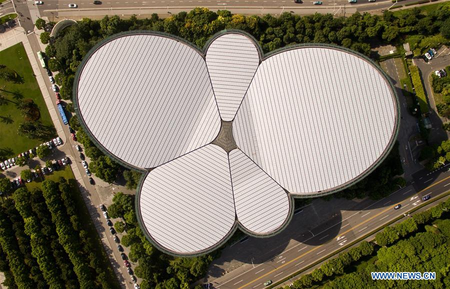 An aerial photo taken on Sep. 7, 2015 shows Shanghai Oriental Art Center in Shanghai, east China.