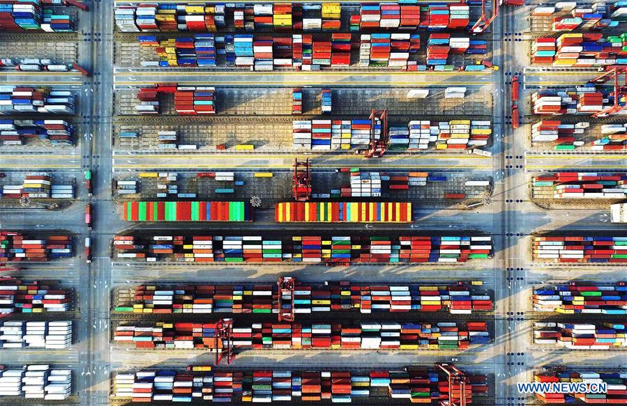 An aerial photo taken on Oct. 16, 2015 shows the Yangshan container dock in Shanghai, east China. 