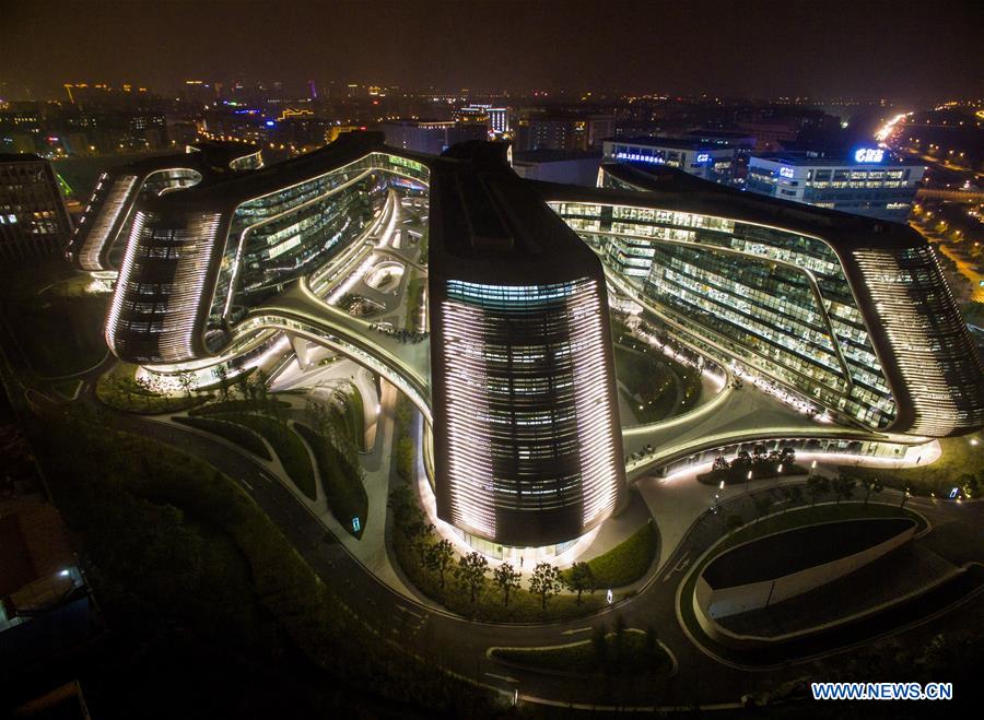 An aerial photo taken on Oct. 23, 2015 shows a night view of Lingkong SOHO in Shanghai, east China.