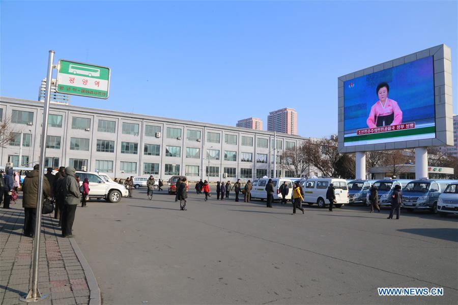 Photo taken on Jan. 6, 2016 shows Pyongyang citizens gathering in front of a big screen at Pyongyang Railway Station in Pyongyang, capital of the Democratic People's Republic of Korea (DPRK), to follow news report on the hydrogen bomb test. 