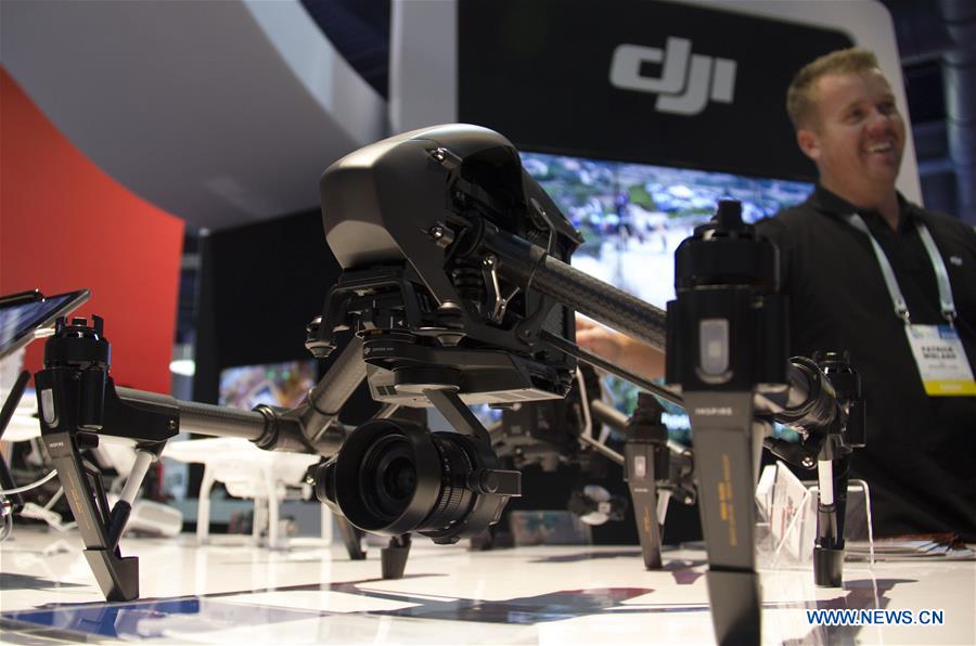 A DJI Inspire 1 Pro is displayed during the CES in Las Vegas, Nevada, the United States, Jan. 9, 2016.