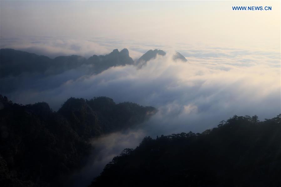 Photo taken on Jan. 13, 2016 shows the sea of clouds after a snowfall at the Huangshan Mountain scenic spot in Huangshan City, east China's Anhui Province.