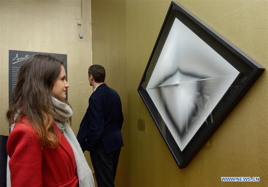 Visitors look at artworks during the opening ceremony of the Moving Eye Exhibition at the Museum of Arts and Crafts in Zagreb, Croatia, Jan. 14, 2016. 