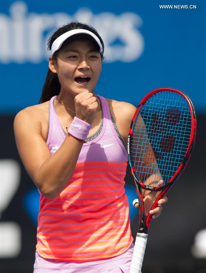 Wang Yafan of China reacts during the women's singles second round of Australian Open qualifying match against Alize Lim of France at Melbourne Park in Melbourne, Australia, Jan. 15, 2016. 