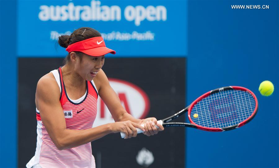 Zhang Shuai of China returns the ball during the women's singles second round of Australian Open qualifying match against Tereza Martincova of Czech Republic at Melbourne Park in Melbourne, Australia, Jan. 15, 2016. 