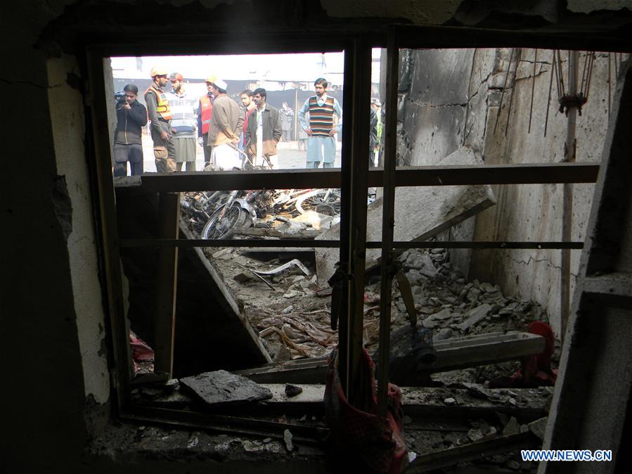 Photo taken on Jan. 19, 2016 shows a blast site in Peshawar, Pakistan.
