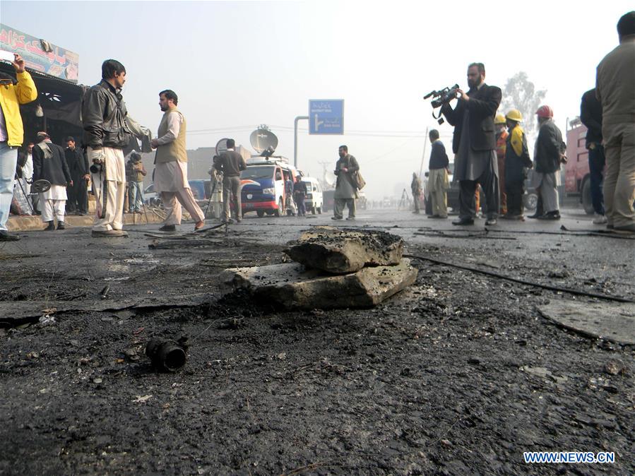 Photo taken on Jan. 19, 2016 shows a blast site in Peshawar, Pakistan.