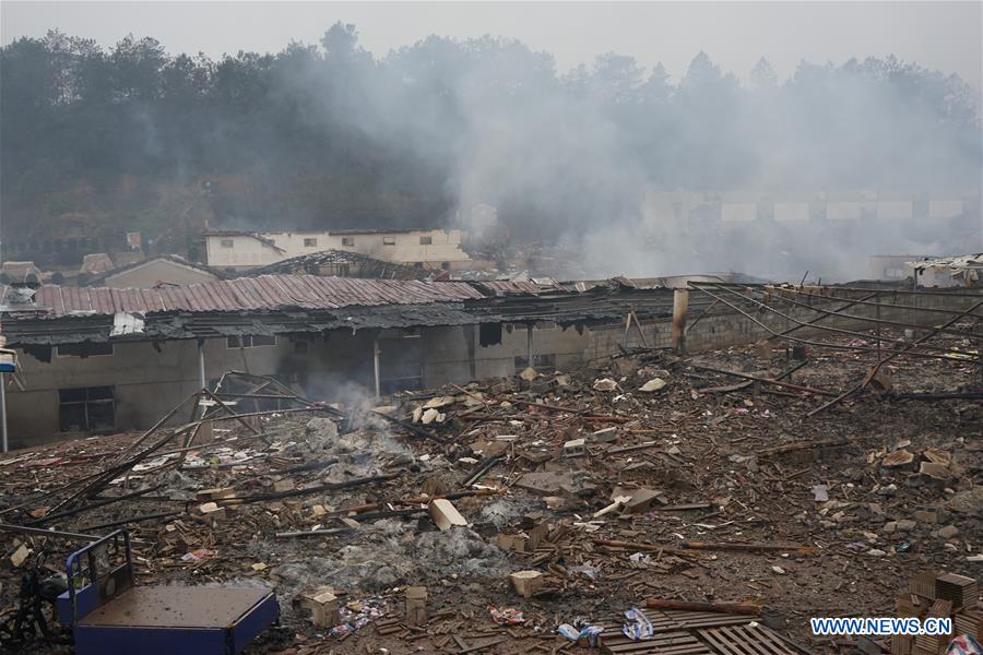 Photo taken on Jan. 20, 2016 shows the blast site of Hongsheng fireworks plant at Kunshan Village in the Guangfeng District of Shangrao City, east China's Jiangxi Province.