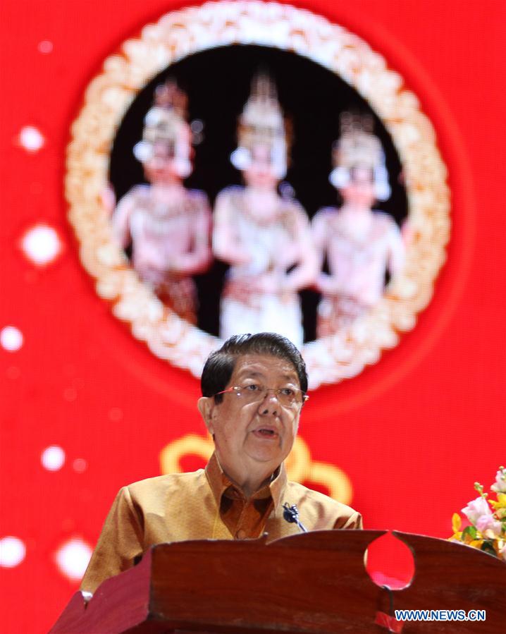 Cambodian Deputy Prime Minister and Cabinet Minister Sok An addresses the performance in Phnom Penh, Cambodia, on Jan. 21, 2016.