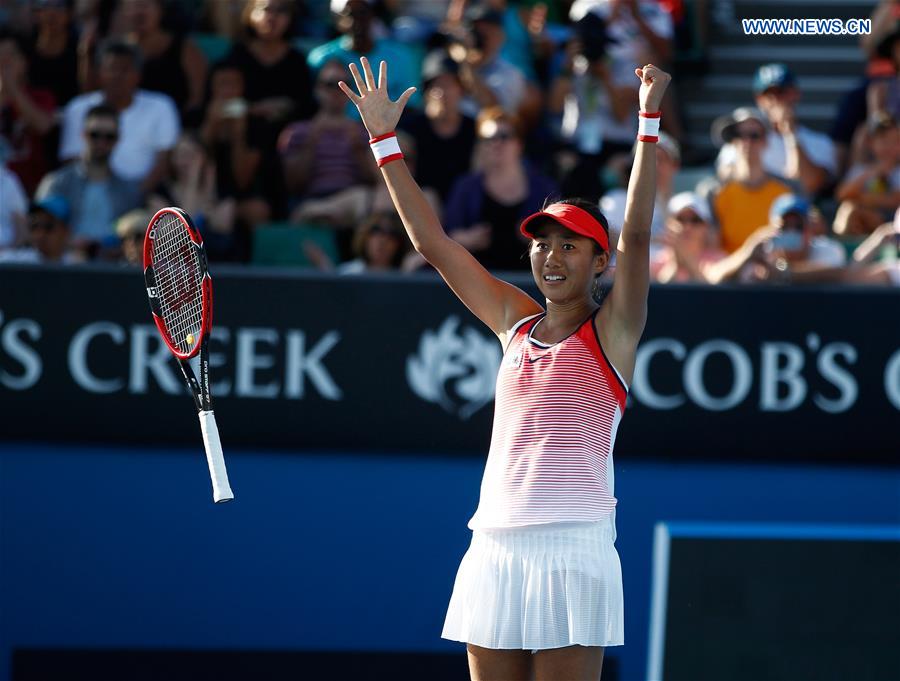 China's Zhang Shuai celebrates during the second round match of women's singles at the Australian Open Tennis Championships in Melbourne, Australia, Jan. 21, 2016.