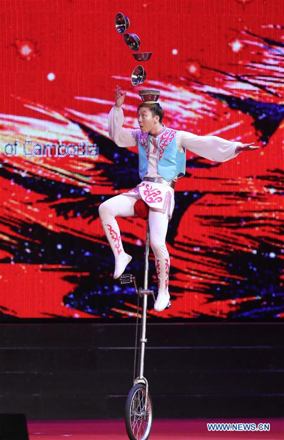 A Chinese acrobat performs in Phnom Penh, Cambodia, on Jan. 21, 2016. 