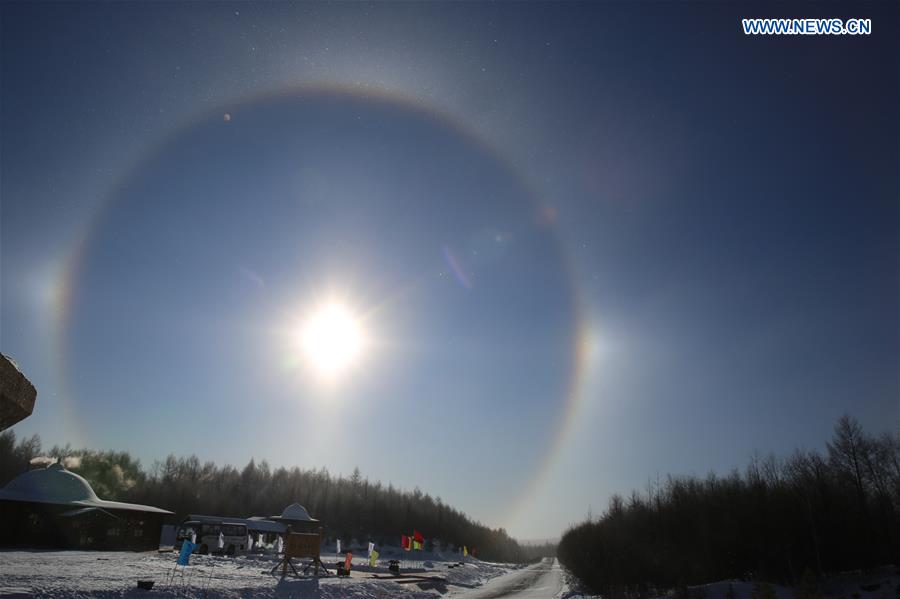 Photo taken on Jan. 22, 2016 shows a view of solar halo over Jinhe Township, Genhe City, Inner Mongolia Autonomous Region. 