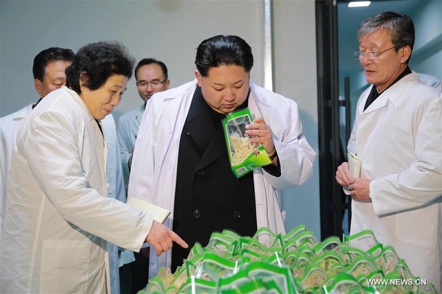 Photo provided by Korean Central News Agency (KCNA) on Jan. 23, 2016 shows top leader of the Democratic People's Republic of Korea (DPRK) Kim Jong Un (C) recently visiting the Kumkop General Foodstuff Factory for Sportsmen