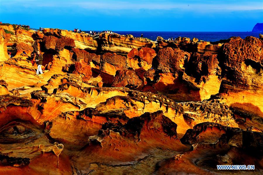 TAIPEI, Jan. 26, 2016 (Xinhua) -- Photo taken on Jan. 26, 2016 shows rocks within Yehliu Geopark in New Taipei of southeast China's Taiwan. The geopark features stunning geological landscape formed by wave attack, rock weathering, earth movement and crustal movement, which make it a famous destination for tourists. (Xinhua/Zhang Guojun) 