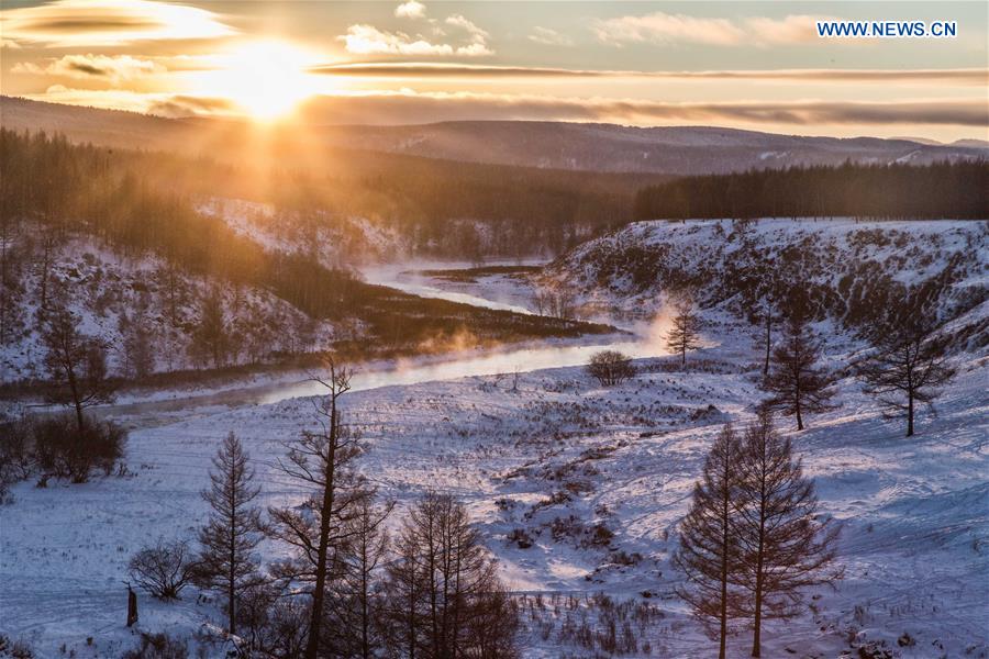 Photo taken on Jan. 9, 2016, shows winter scenery of a nonfreezing river in Arxan of Hinggan League, north China's Inner Mongolia Autonomous Region. 
