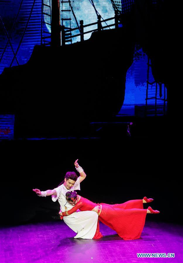 Artists perform in a traditional Chinese dance drama entitled 'The Silk Road on the Sea', in Brussels, capital of Belgium, Jan. 26, 2016. 