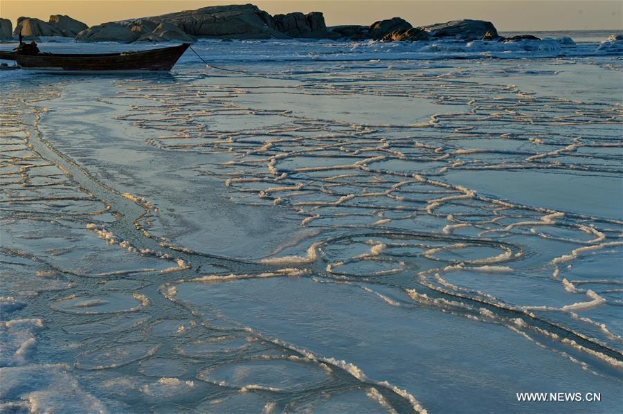 Due to a strong cold front, sea ice appeared along the seaside at Bohai Sea coast in Qinhuangdao.