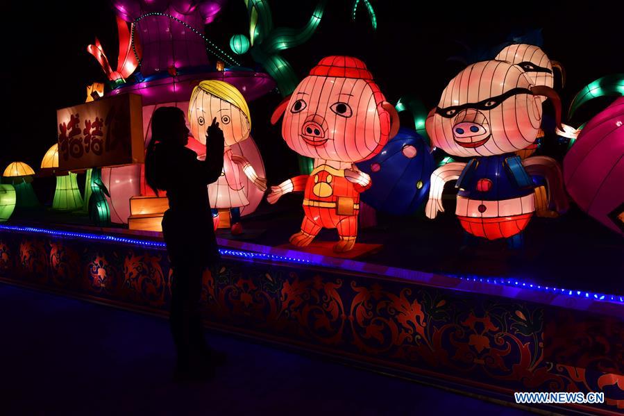 A woman views lanterns during a lantern fair in Zhengzhou, capital of central China's Henan Province, Feb. 4, 2016. 