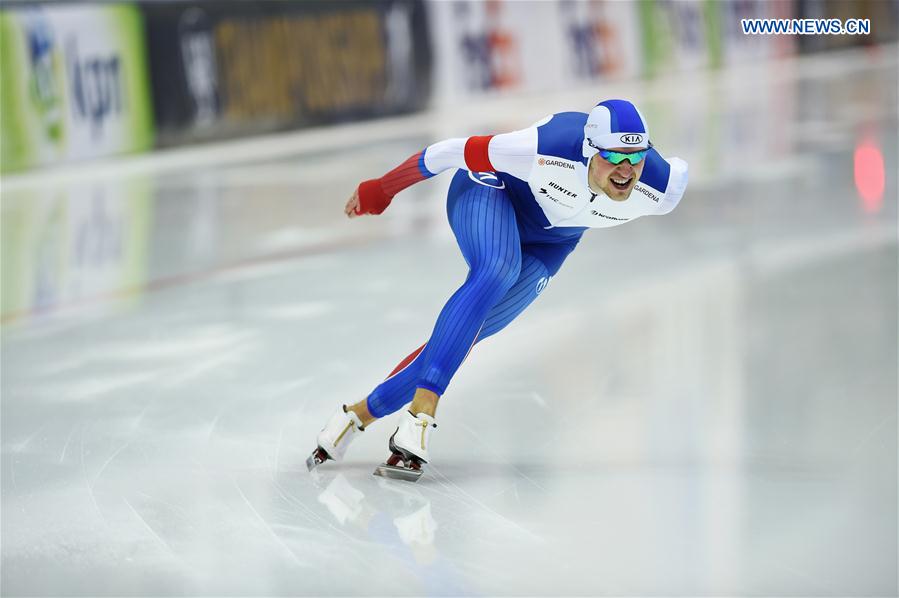 Denis Yuskov of Russia competes during the men 1000m at ISU world single distances speed skating championships in Kolomna, Russia, on Feb. 13, 2016.