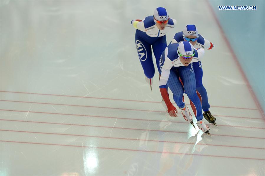 Team members of Russia compete during the ladies team pursuit event at ISU world single distances speed skating championships in Kolomna, Russia, on Feb. 13, 2016.