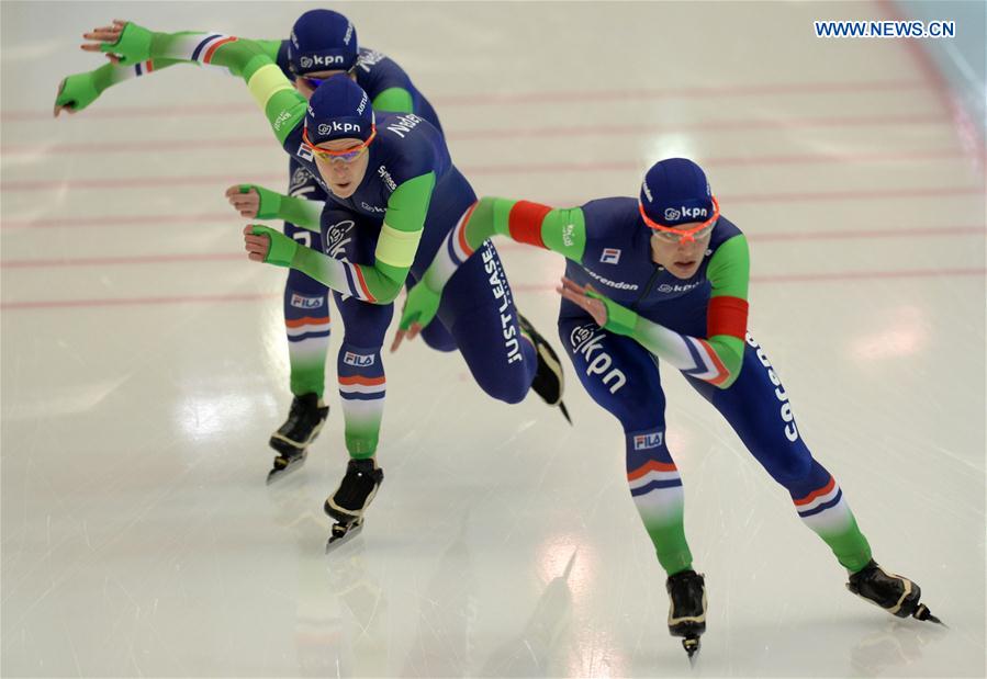 Team members of the Netherlands compete during the ladies team pursuit event at ISU world single distances speed skating championships in Kolomna, Russia, on Feb. 13, 2016.