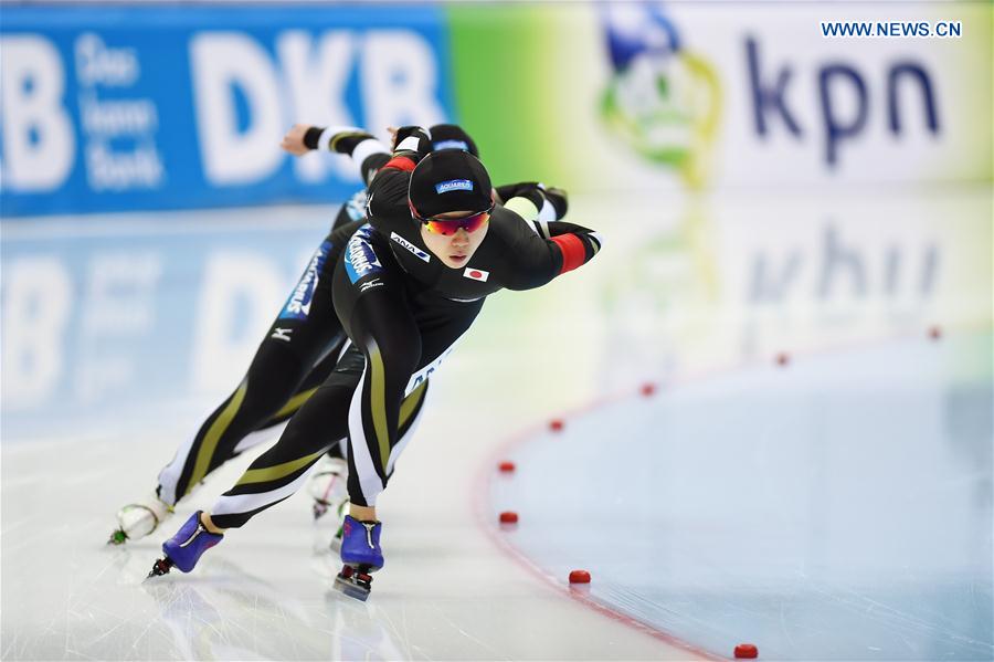 Team members of Japan compete during the ladies team pursuit at ISU world single distances speed skating championships in Kolomna, Russia, on Feb. 13, 2016. 