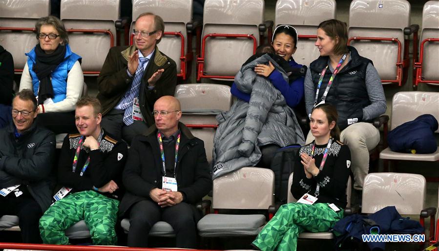 International Olympic Committee (IOC) member Yang Yang (above 2nd R) is seen on the tribune during the short track speed skating event at the Lillehammer 2016 Winter Youth Olympic Games in Gjovik, Norway on Feb. 14, 2016.